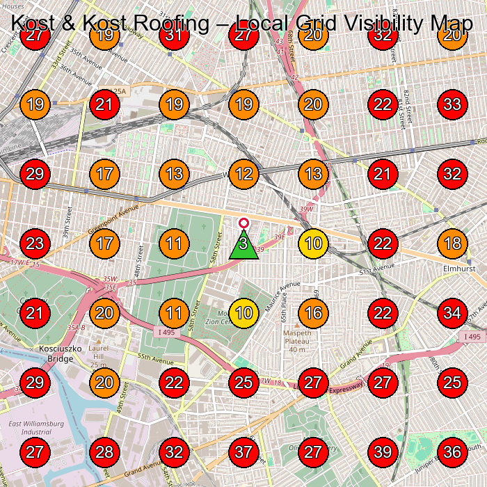 Kost & Kost Roofing GeoGrid visibility map for General Contractor in Maspeth